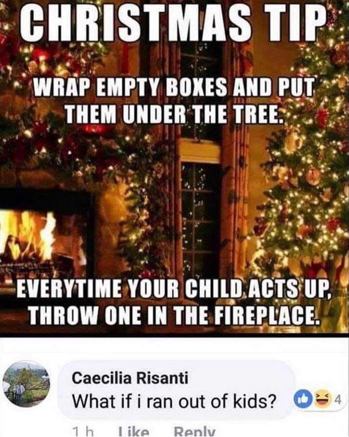 christmas tip, wrap empty boxes and put them under the tree, every time your child acts up, throw one in the fireplace, what if i ran out of kids