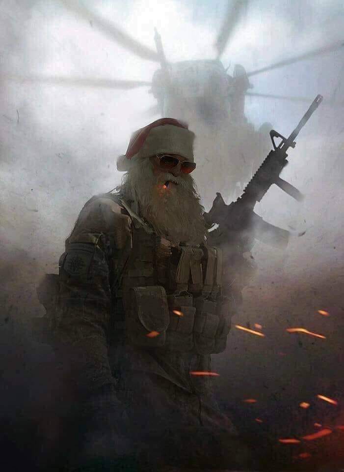 bad ass santa claus with riffle, helicopter