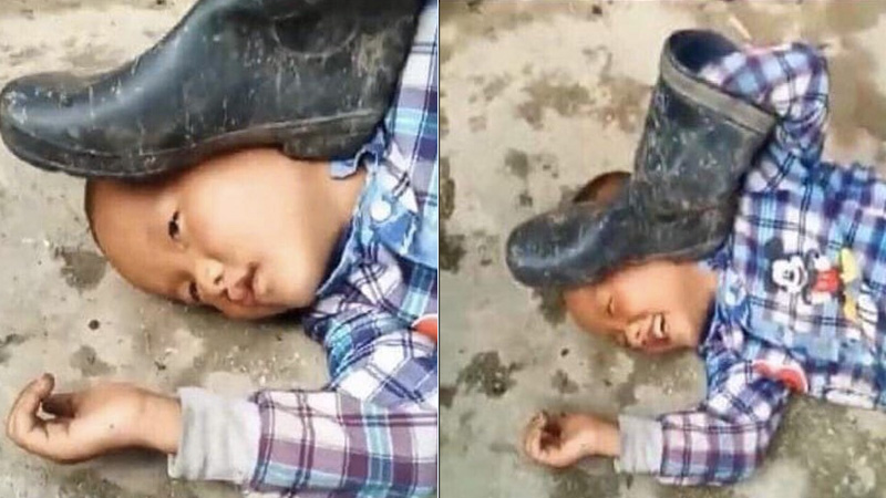 pressing a boot on your own kid, kid demonstrates the power of perspective