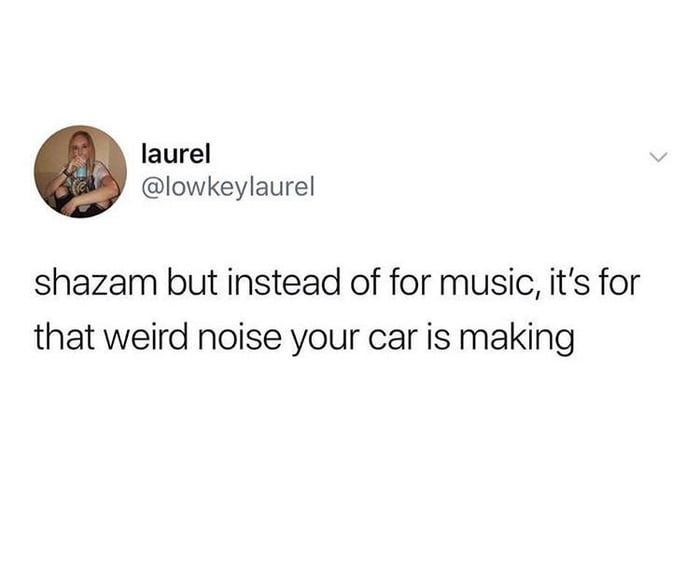 shazam but instead of for music, it's for that weird noise your car is making, million dollar app idea