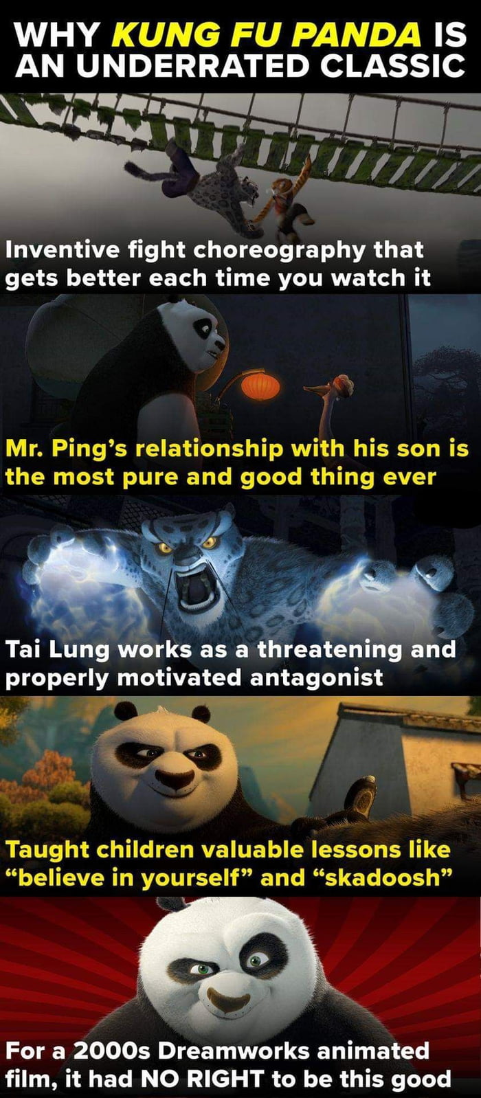 why kung fu panda is an underrated classic, inventive fight choreography that gets better each time you watch it, mr ping's relationship with his son is the most pure and good thing ever