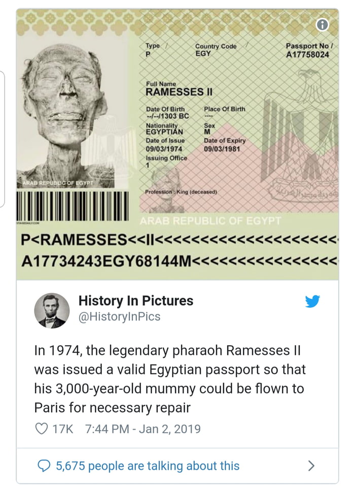 in 1974 the legendary pharaoh ramesses ii was issued a valid egyptian passport so that his 3000 year old mummy could be flown to paris for necessary repair