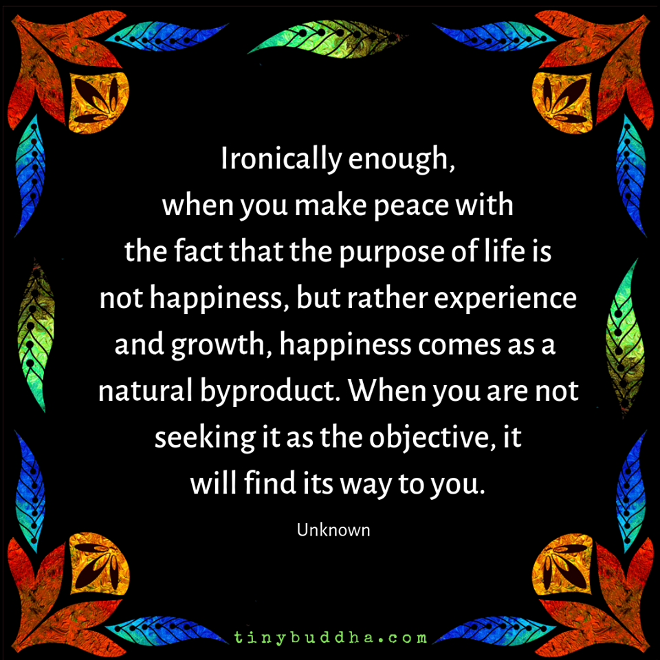when you make peace with the fact that the purpose of life is not happiness, but rather experience and growth, happiness comes as a natural byproduct, when you are not seeking it as the objective, it will find its way to you