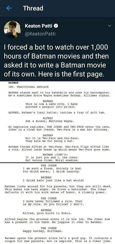 i forced a bot to watch over 1000 hours of batman movies and then asked it to write a batman movie of its own, here is the first page