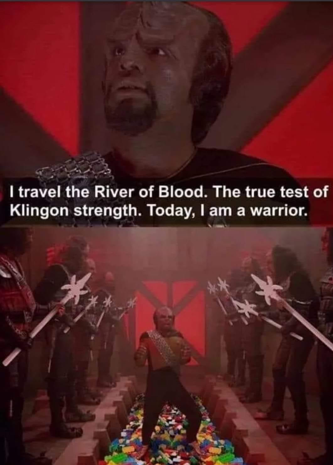 i travel the river of blood, the true test of klingon strength, today i am a warrior