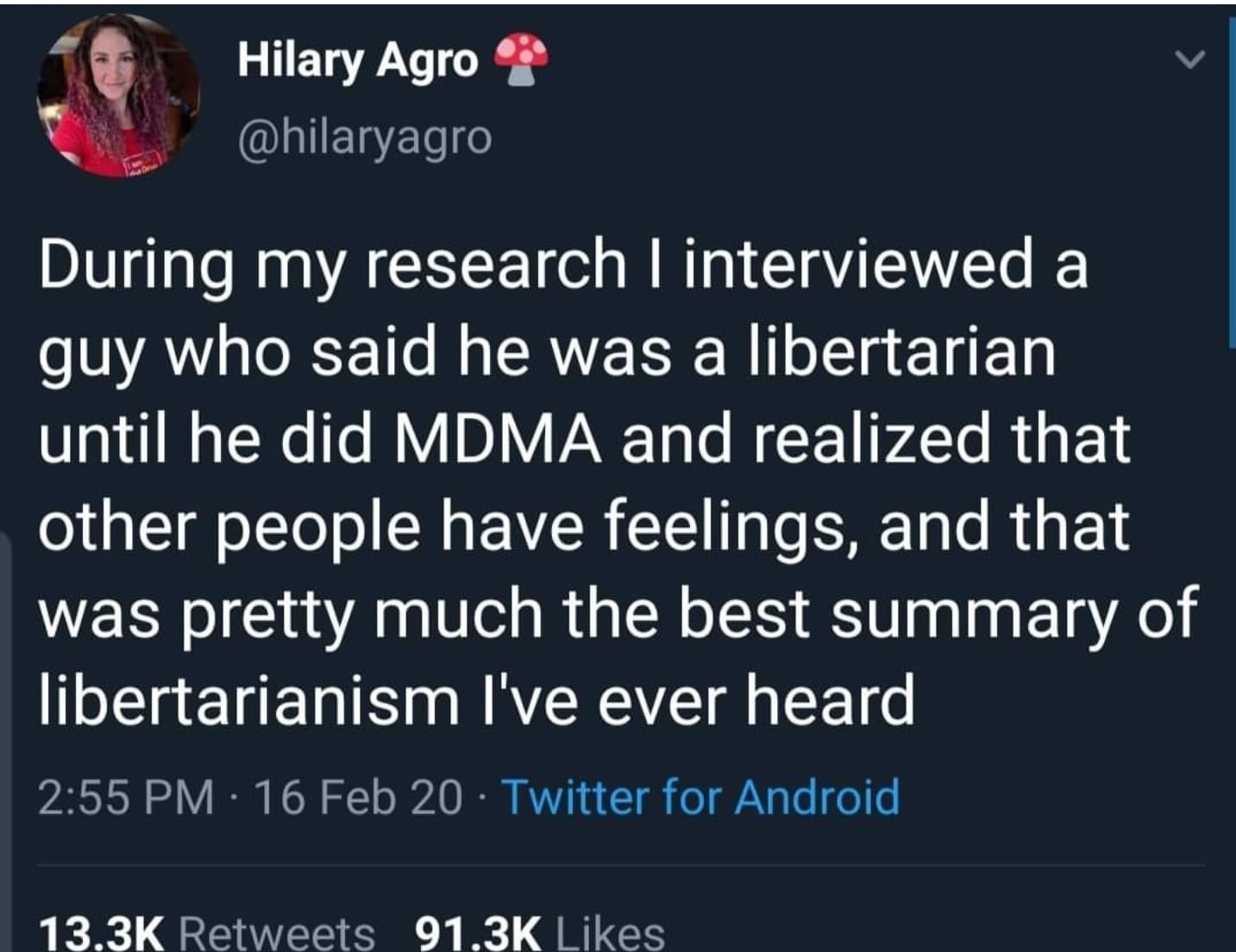 during my research i interviewed a guy who said he was a libertarian until he did mdma and realized that other people have feelings, and that was pretty much the best summary of libertarianism i've ever heard