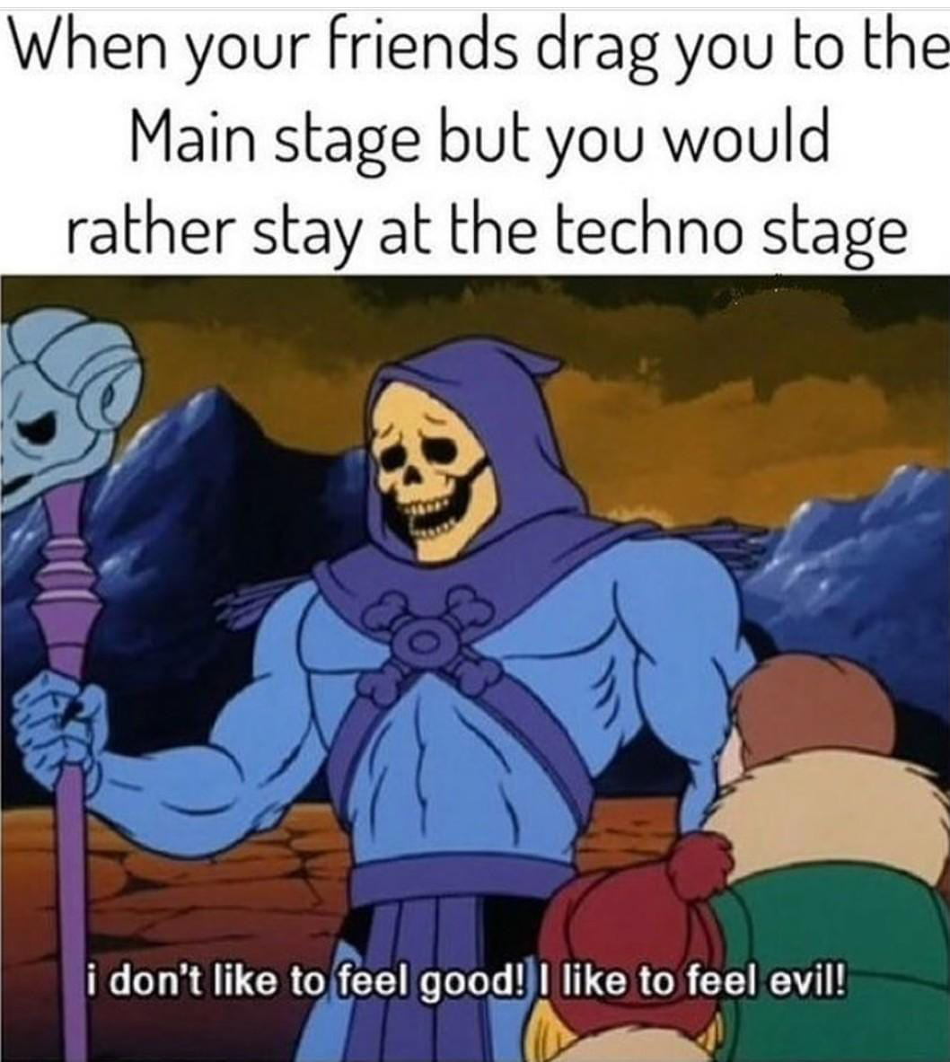 when your friends drag you to the main stage but you would rather stay at the techno stage, i don't like to feel good, i like to feel evil