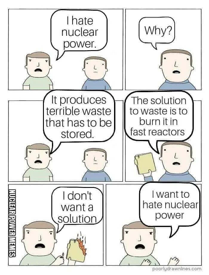 i hate nuclear power, why, it produces terrible waste that has to be stored, the solution to waste is to burn it in fast reactors, i don't want a solution, i want to hate nuclear power, comic