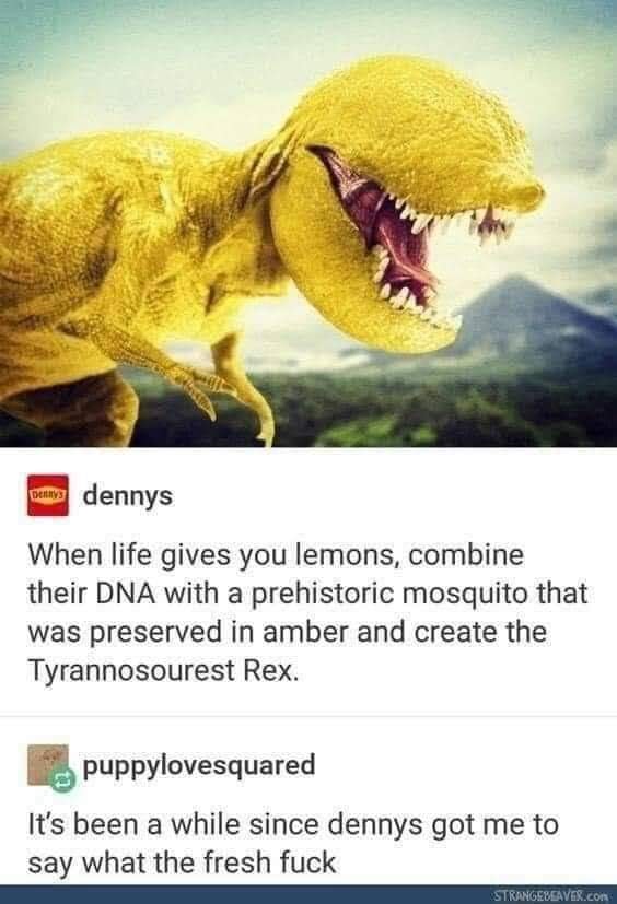 when life gives you lemons, combine their dna with a prehistoric mosquito that was preserved in amber and create the tyrannosourest rex, it's been a while since dennys got me to say what the fresh fuck