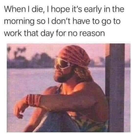 when i die, i hope it's early in the morning so i don't have to go into work that day for no reason, meme