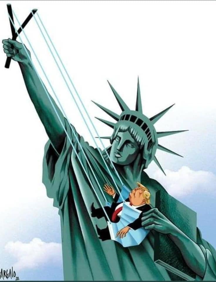statue of liberty slingshotting trump, slingshot
