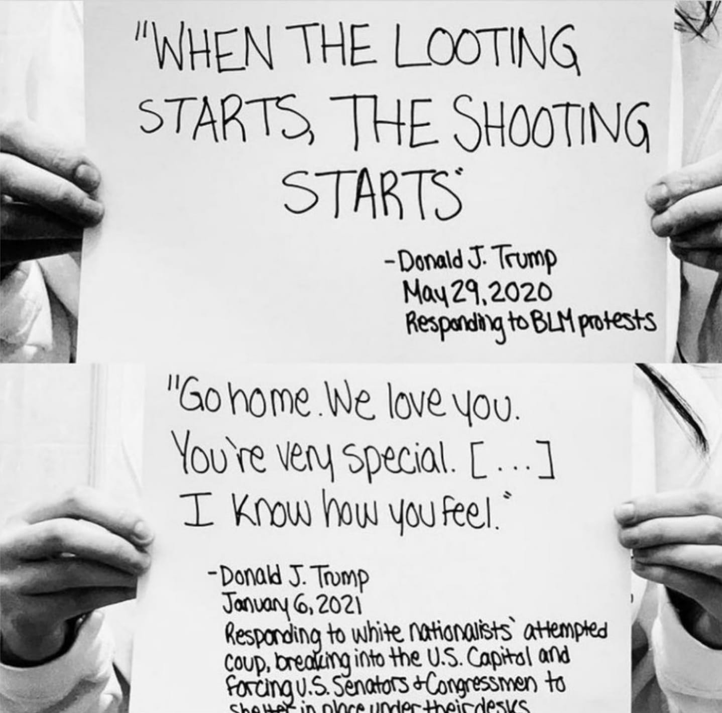 when the looting starts, the shooting starts, go home we love you, you're very special, i know how you feel, donald j trump responding to blm protests and white nationalists' attempted coup