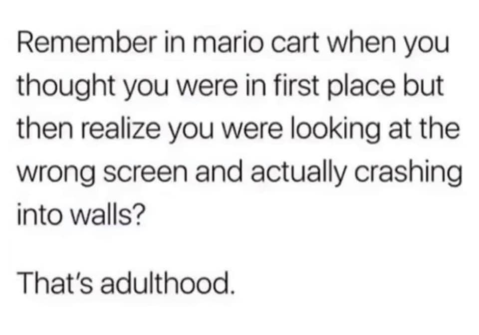remember in mariokart when you thought you were in first place but then realize you were looking at the wrong screen and actually crashing into walls?, that's adulthood