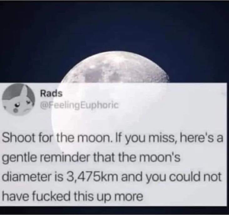 shoot for the moon, if you miss, here's a gentle reminder that the moon's diameter is 3475km and you could not have fucked this up more