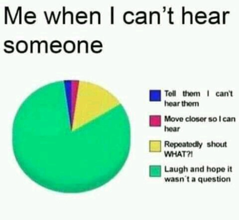 me when i can't hear someone, tell them i can't hear them, move closer so i can hear, repeatedly shout what!?, laugh and hope it wasn't a question