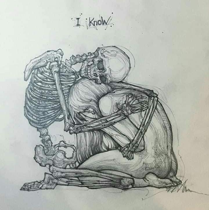i know, skeleton holding crying girl