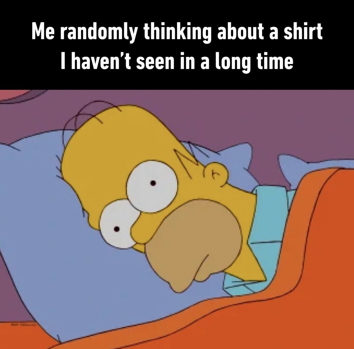 me randomly thinking about a shirt i haven’t seen in a long time, homer simpson trying to sleep, meme
