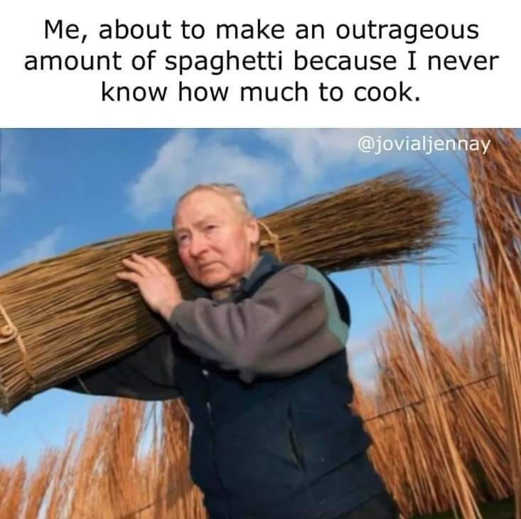me about to make an outrageous amount of spaghetti because i never know how much to cook, meme
