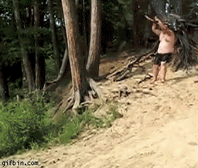 rope swing flings fat guy onto beach, fail