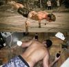 holding body up using two beer bottles, close enough, passed out drunk on the floor