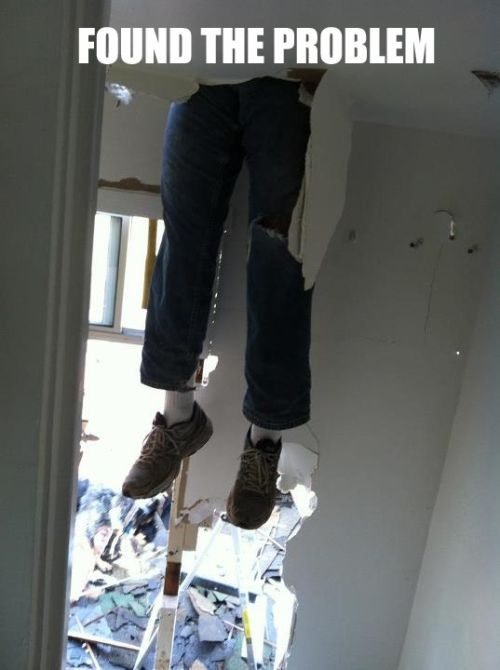 found the problem, legs hanging down from ceiling, meme, fail