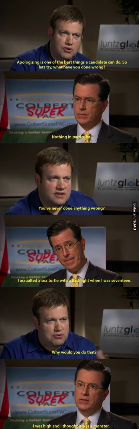 Stephen Colbert, comic, turtle, flashlight, wrong, apologize