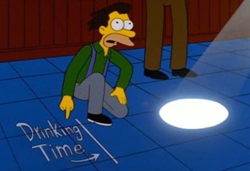 lenny pointing at a drinking time line on the floor with a sun ray moving towards it
