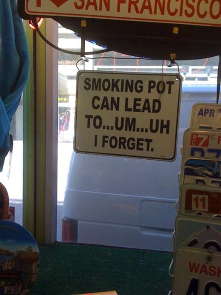 smoking pot can lead to uh I forget, sign, marijuana, weed, memory, lol