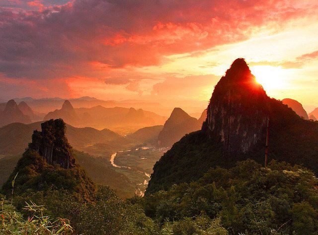 scenery, china, sun, set, rise