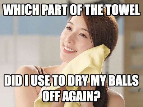 which part of the towel did I use to dry my balls again?, meme