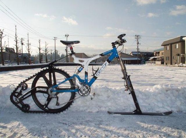 introducing the snow bike, chain wheel and ski steering