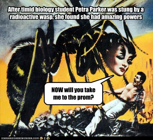 after timid biology student petra parker was stung by a radioactive wasp, she found she had amazing powers, movie poster, wtf