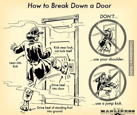 advice, guide, door, break down, fireman