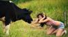 country girl pretending to be a cow in front of a cow