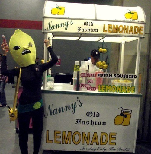 lemon, stand, lemonade, costume, ugly