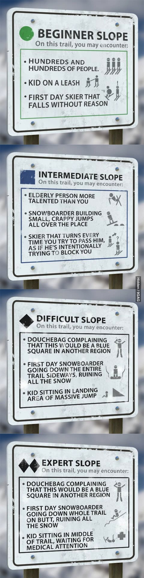 ski hill, snowboard, sign, level