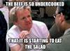 the beef is so undercooked that it is starting to eat the salad, iron chef criticism, meme
