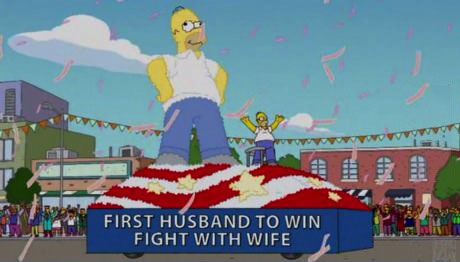 simpsons, parade, float, wife fight win