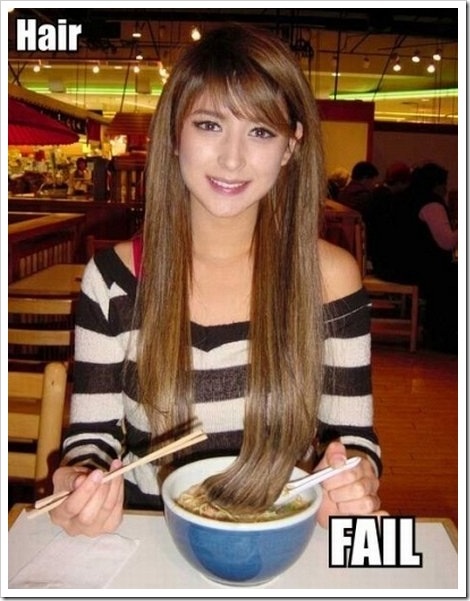 girl poses with hair in soup, fail