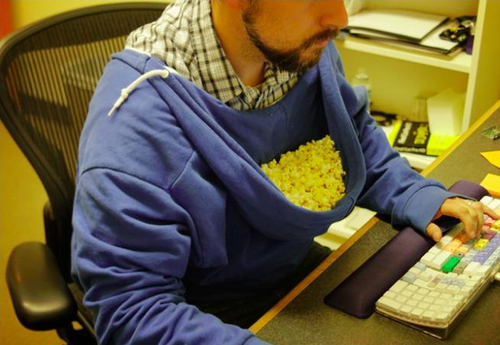 this is what hoodies were actually made for, popcorn in hoodie worn backwards