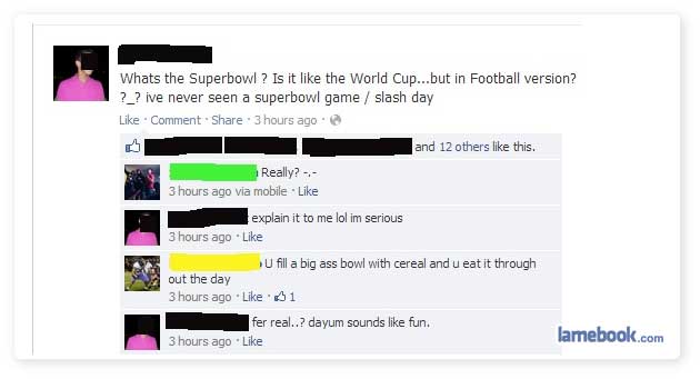 football, superbowl, cereal, facebook, stupid