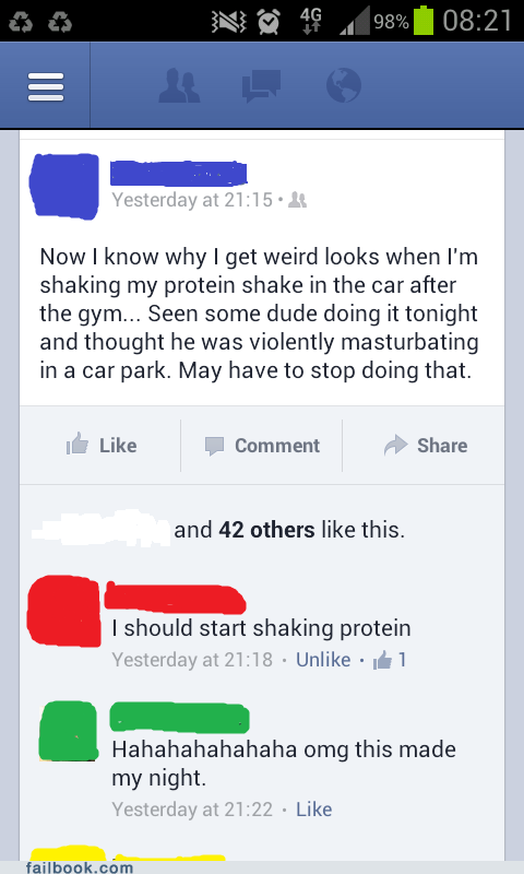 protein shake, car, gym, facebook, oops