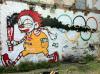 graffiti, clown, mcdonalds,s ponsors, visa, street art, olympics, smoke, coca cola