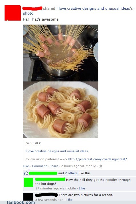 hot dogs, noodles, idea, clever, facebook, idiot