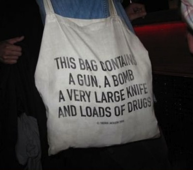 bag, gun, bombs, drugs, knife