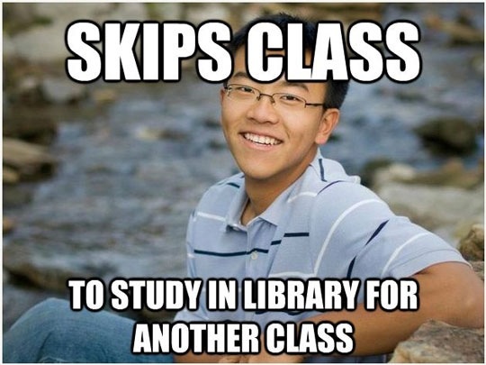 skips class to study in library for another class, asian student, meme
