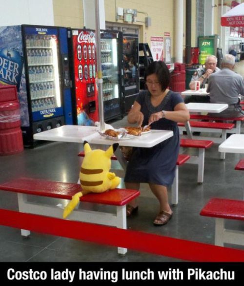 costco lady having lunch with pikachu, lunch, wtf