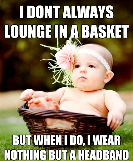 I don't always lounge in a basket but when I do I wear nothing but a headband, cute baby, meme