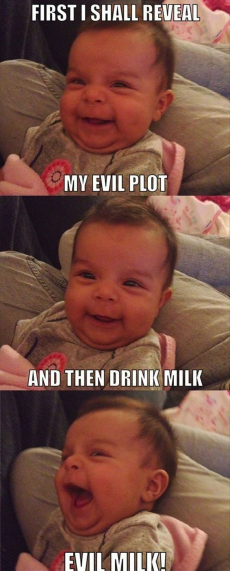 first I shall reveal my evil plot, and then drink milk, evil milk, evil baby, meme