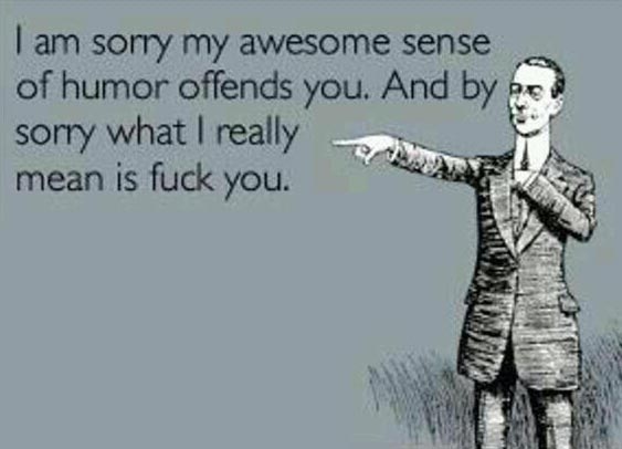 I am sorry my awesome sense of humour offends you, and by sorry what I really mean is fuok you, ecard